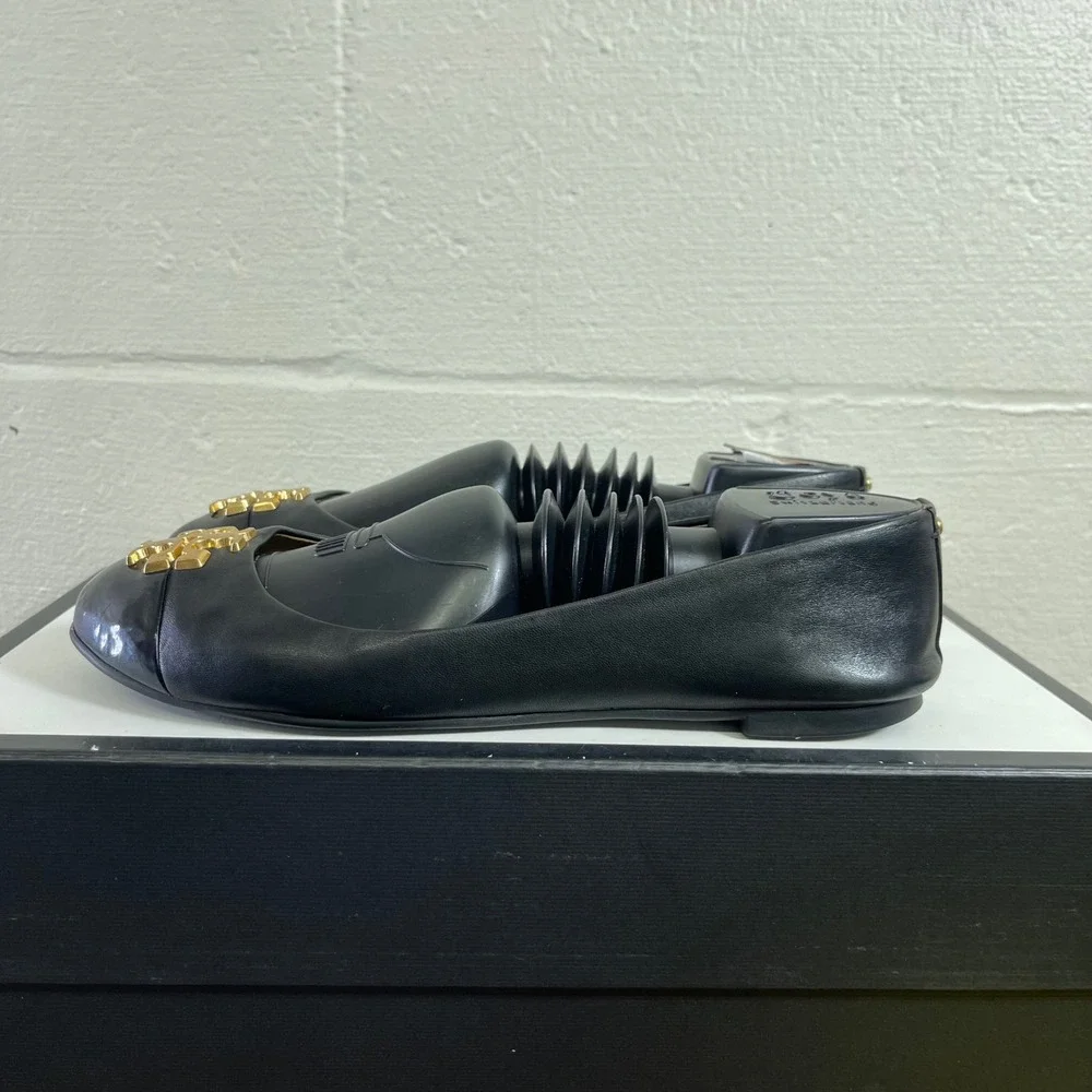 Tory Burch Everly Cap Toe Black Leather Gold Logo Ballet Flats Shoes Womens 8.5